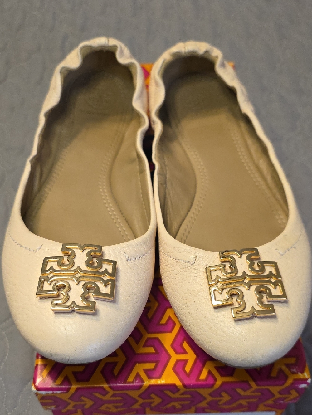 Tory Burch Leather Logo Ballet Pink Flats with Gold Emblem